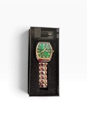 POEDAGAR Men’s Rose Gold Green Dial Day Date Quartz Watch